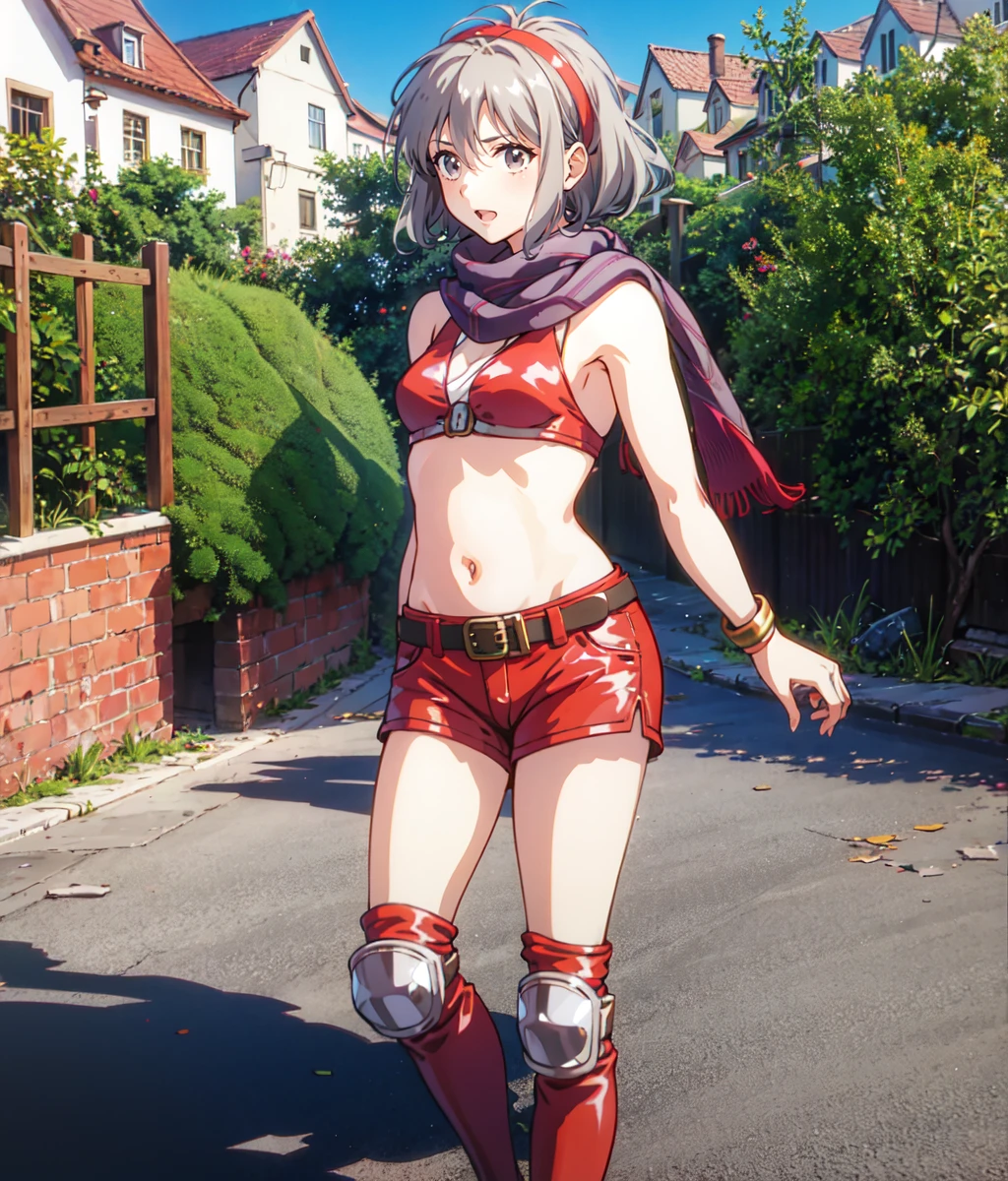 masterpiece, anime screencap, 1 girl, solo, tomboy, red outfit, scarf, belly, short hair, long sidebangs, gray hair, shorts, bandana, knee knee pads, boots, wristbands, full body, outdoors, medieval town, cowboy shot  <lora:Millay:1>