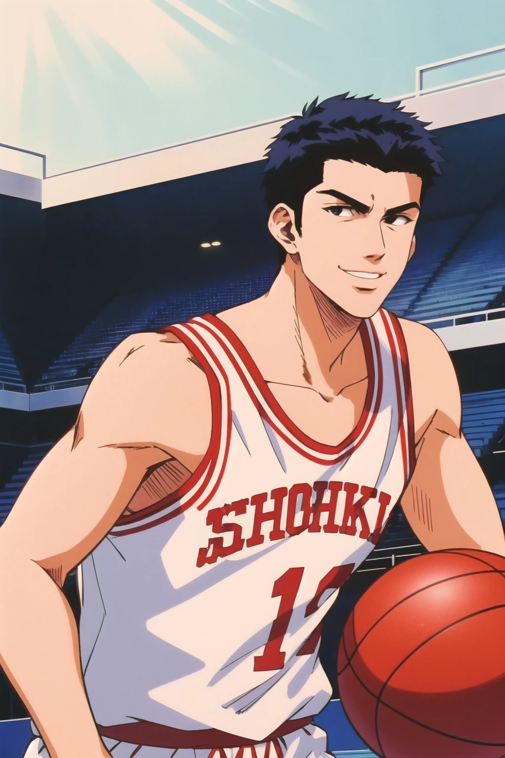 masterpiece,Highest quality,High resolution,Mitsui Hisashi,One boy,alone,Black Hair,Iris,View your viewers,Basketball court,Basketball Uniforms,Cowboy Shot,Dynamic pose,bandage on face,bandage,bandage,