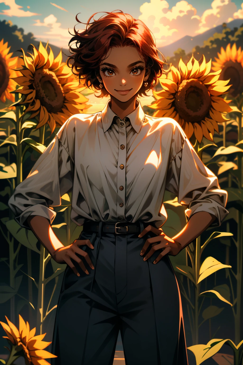 ((ultra detailed, masterpiece, absurdres))
<lora:DPDIMJamie:0.9>
DPDIMJamie, 1girl, dark skin, brown eyes, short hair, red hair, surrounded by sunflowers in a bright field, smiling, with hands on hips