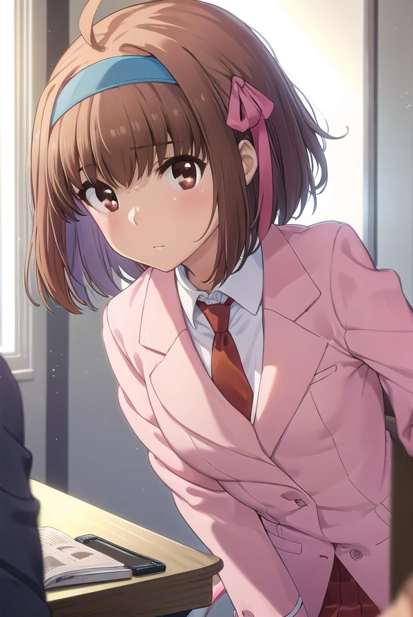 soratakanashi, <lora:sora takanashi s1-lora-nochekaiser:1>,
sora takanashi, short hair, brown hair, ribbon, (brown eyes:1.5), hair ribbon, ahoge, hairband, blue ribbon, blue hairband,
BREAK skirt, school uniform, jacket, necktie, blazer, (pink blazer:1.2), (red skirt:1.2),
BREAK indoors, classroom,
BREAK looking at viewer, (cowboy shot:1.5),
BREAK <lyco:GoodHands-beta2:1>, (masterpiece:1.2), best quality, high resolution, unity 8k wallpaper, (illustration:0.8), (beautiful detailed eyes:1.6), extremely detailed face, perfect lighting, extremely detailed CG, (perfect hands, perfect anatomy),