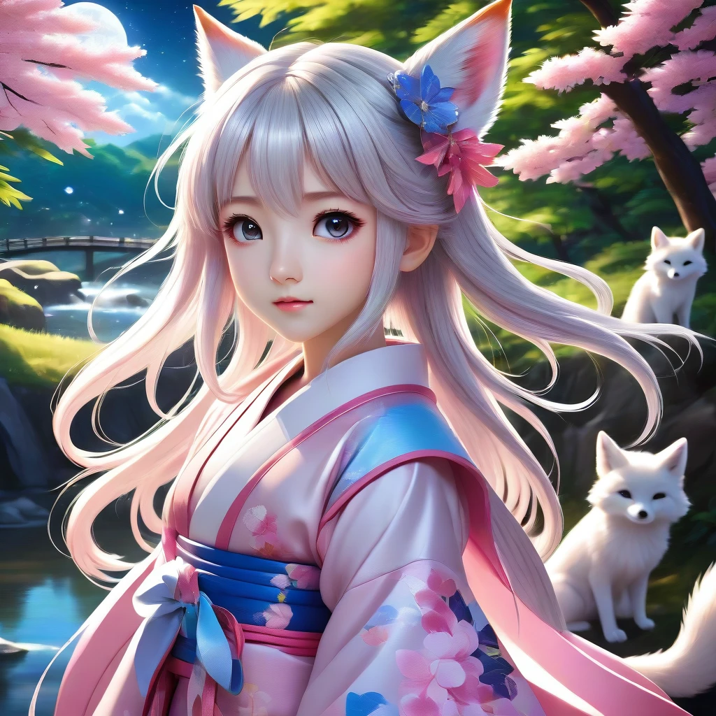 original, (masterpiece), (illustration), (extremely fine and beautiful), (perfect details), (unity CG 8K wallpaper:1.05), (beautiful and clear background:1.25), (depth of field:0.7), (1 cute girl with (2 fox ear:0.9) and (fox tail on the back:1.2) stands aside the river:1.15),child,little girl,yong,little girl face,(cute:1.3), (detailed beautiful eyes:1.3), (beautiful face:1.3), silver hair, silver ear, (pink hair:0.7), (pink ear:0.7), long hair, (japanese kimomo:1.25), (hair blowing with the wind:1.1), (blue eye:1.1), (little girl:1.1), butterflys flying around, (moon light:0.6), tree, (summer), (night:1.2), (close-up:0.35), (gloves:0.8), solo