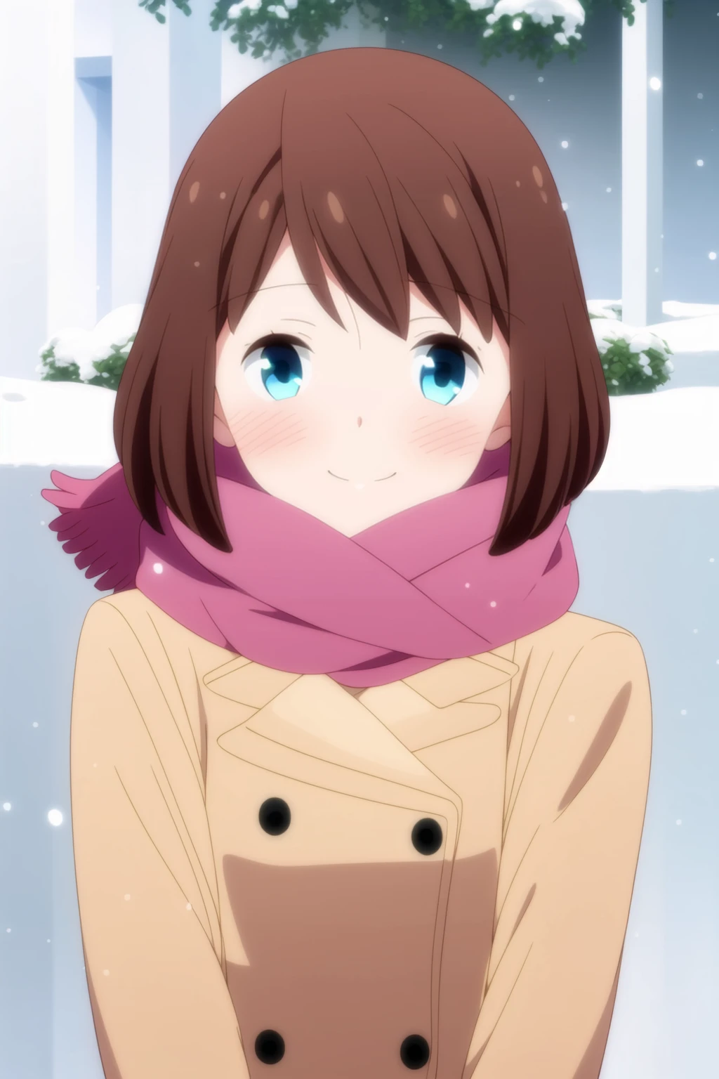 masterpiece, best quality, outdoors,snow, snowing, 1girls, solo, <lora:Saki_Kanda_NSL-V1:0.7>, short hair, bangs, brown hair, blue eyes, school uniform, pleated skirt, brown coat, pink scarf, blush, looking at viewer, upper body, happy,