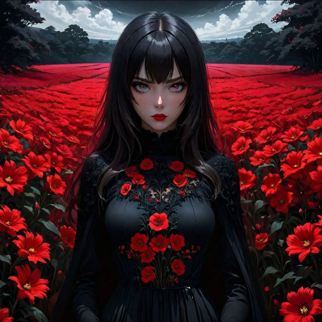 Maiden in a field of red flowers