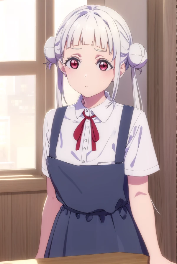 chisatoarashi, <lora:chisato arashi s2-lora-nochekaiser:1>,
chisato arashi, long hair, bangs, (red eyes:1.3), twintails, white hair, blunt bangs, hair bun, double bun,
BREAK shirt, dress, ribbon, school uniform, white shirt, short sleeves, collared shirt, red ribbon, neck ribbon, pinafore dress, grey dress, summer uniform, yuigaoka school uniform,
BREAK indoors, classroom,
BREAK looking at viewer, (cowboy shot:1.5),
BREAK <lyco:GoodHands-beta2:1>, (masterpiece:1.2), best quality, high resolution, unity 8k wallpaper, (illustration:0.8), (beautiful detailed eyes:1.6), extremely detailed face, perfect lighting, extremely detailed CG, (perfect hands, perfect anatomy),