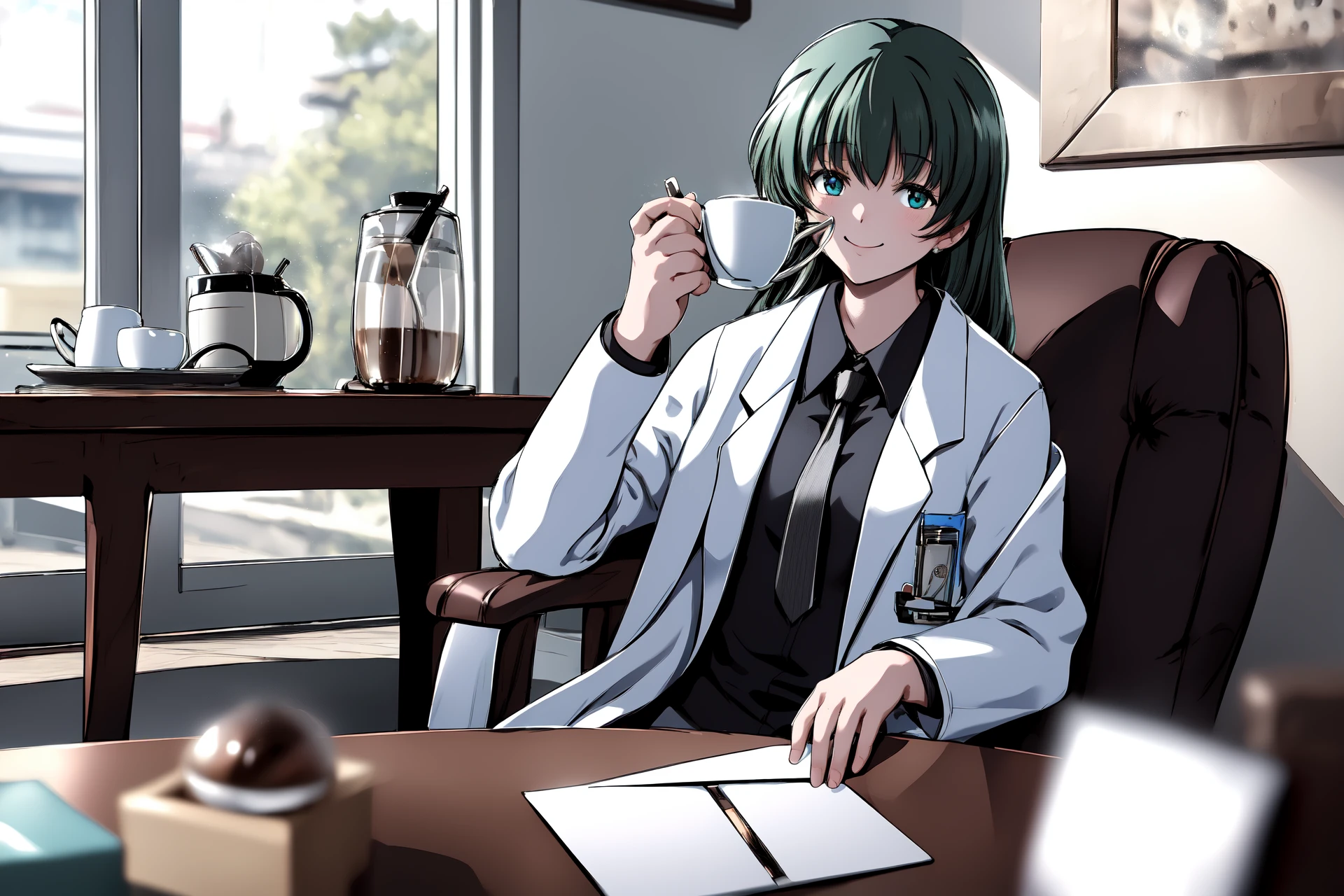 (RAW photo, best quality), 1girl, natural lighting, solo, light smile,
<lora:loveletter_sae_v1_2-000006:1>, loveletter_sae, necktie, labcoat, shirt, doctor's coat,
seated, coffee table, drinking coffee, elegant, beautiful,