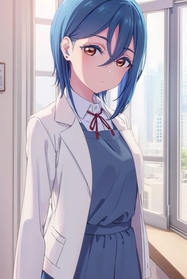 shikiwakana, <lora:shiki wakana s2-lora-nochekaiser:1>,
shiki wakana, short hair, bangs, (red eyes:1.3), hair between eyes, blue hair, earrings, stud earrings,
BREAK shirt, dress, ribbon, school uniform, jacket, white shirt, open clothes, collared shirt, open jacket, red ribbon, neck ribbon, blue jacket, pinafore dress, grey dress, yuigaoka school uniform,
BREAK indoors, classroom,
BREAK looking at viewer, (cowboy shot:1.5),
BREAK <lyco:GoodHands-beta2:1>, (masterpiece:1.2), best quality, high resolution, unity 8k wallpaper, (illustration:0.8), (beautiful detailed eyes:1.6), extremely detailed face, perfect lighting, extremely detailed CG, (perfect hands, perfect anatomy),