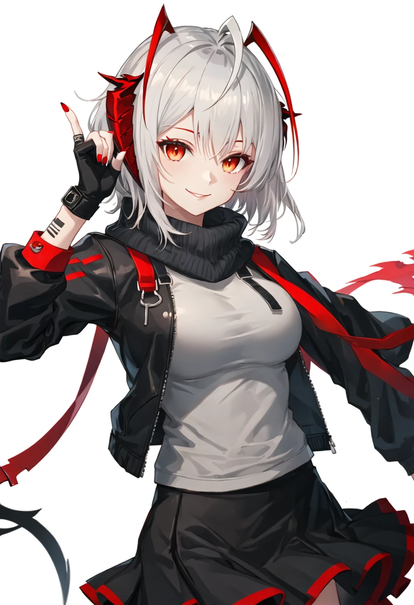 best quality, masterpiece, highres, solo, {w_arknights:0.90}, 1girl, black_gloves, black_jacket, black_scarf, fingerless_gloves, gloves, grey_shirt, jacket, looking_at_viewer, nail_polish, open_clothes, open_jacket, red_nails, scarf, shirt, simple_background, smile, upper_body, white_background, multicolored_hair, black_skirt, long_sleeves, skirt, index_finger_raised, large_breasts