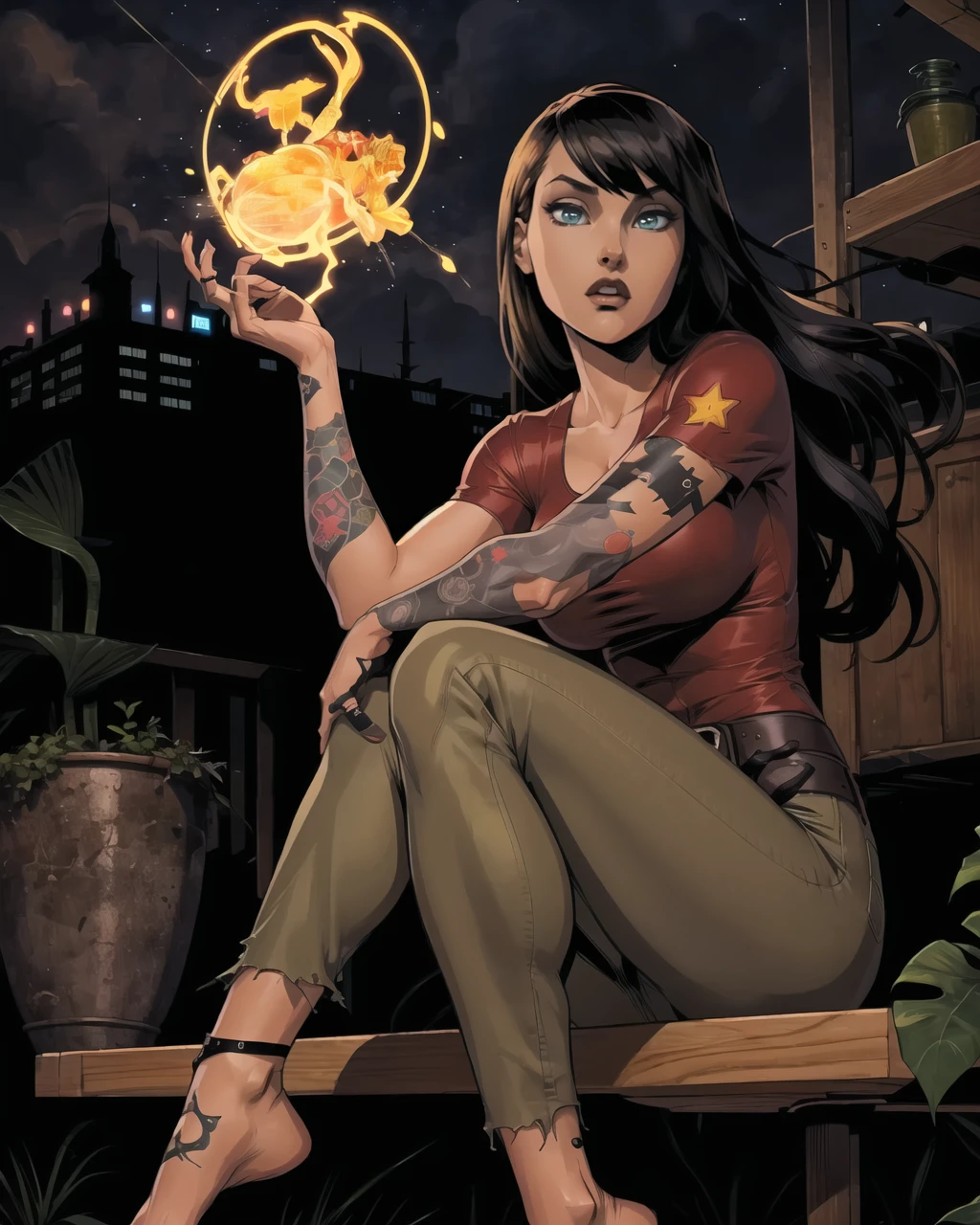 1girl, solo, detailed, masterpiece,HDR, detailed sharp, best quality,
comic style, lineart,
star tattoo,
black cat, cat,animal,
large breasts,
sitting,barefoot,glowing,
Sudana,arm tattoo, belt, black hair, long hair, makeup, parted bangs, red shirt, green eyes, brown pants, torn clothes,
<lora:Sudana_v01-000002:0.80>