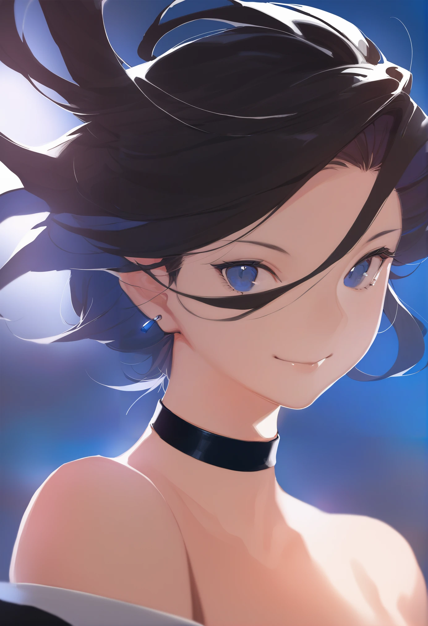 masterpiece, best quality, <lora:DPOXL:1> <lora:sola7764XL_V1:1>
1girl, solo, choker, blue eyes, portrait, looking at viewer, black choker, short hair, black hair, smile, jewelry, bare shoulders, earrings, floating hair, virtual youtuber