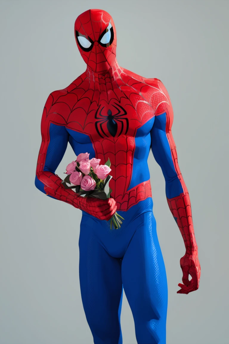 spidey, 1boy, solo, male focus, mask, superhero, spider web print, red bodysuit, blue bodysuit, multicolored clothes, looking at viewer, upper body, holding flower, holding bouquet, standing, simple background, masterpiece, best quality <lora:Spider-Man (Peter B. Parker) v1.0 SDXL_LoRA_Animagine XL V3:0.85>
