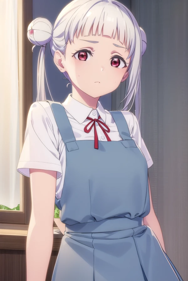 chisatoarashi, <lora:chisato arashi s2-lora-nochekaiser:1>,
chisato arashi, long hair, bangs, (red eyes:1.3), twintails, white hair, blunt bangs, hair bun, double bun,
BREAK shirt, dress, ribbon, school uniform, white shirt, short sleeves, collared shirt, red ribbon, neck ribbon, pinafore dress, grey dress, summer uniform, yuigaoka school uniform,
BREAK indoors, classroom,
BREAK looking at viewer, (cowboy shot:1.5),
BREAK <lyco:GoodHands-beta2:1>, (masterpiece:1.2), best quality, high resolution, unity 8k wallpaper, (illustration:0.8), (beautiful detailed eyes:1.6), extremely detailed face, perfect lighting, extremely detailed CG, (perfect hands, perfect anatomy),