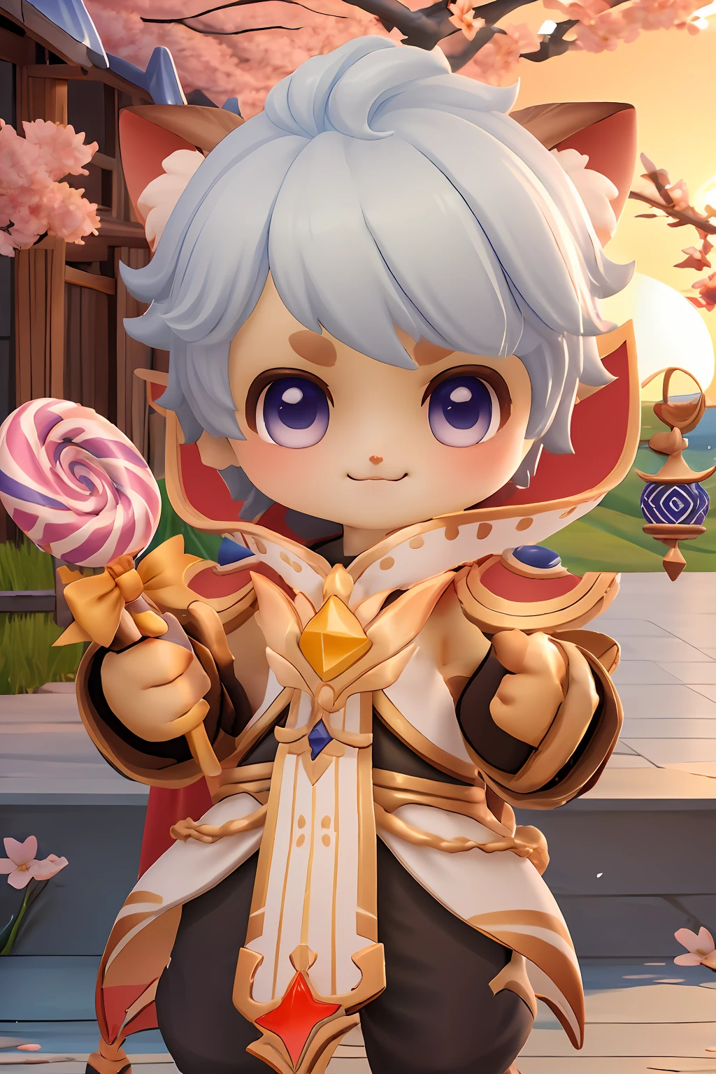 chibi, masterpiece, best quality, ultra-detailed, 1boy, solo, light blue hair,  ragnarok_doram_m, smile, holding candy, holding lollipop,  cowboy shot, looking at viewer,  cherry blossoms, Golden hour gleam theme, vivid colors, tranquil and magical atmosphere, cartoon rendering,
<lora:ragnarok_doram_m-10:0.8> <lora:add_detail:0.5>