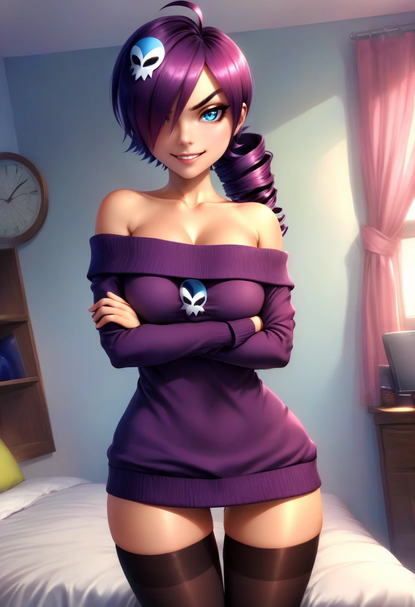 solo,  1girl,  zone-tan,  smile,  looking at viewer,  crossed arms,  hair over one eye,  ahoge,  drill hair,  skull hair ornament,  v-shaped eyebrows,  off-shoulder sweater,  black thighhighs,  indoors,  bedroom,<lora:EMS-290744-EMS:1.000000>