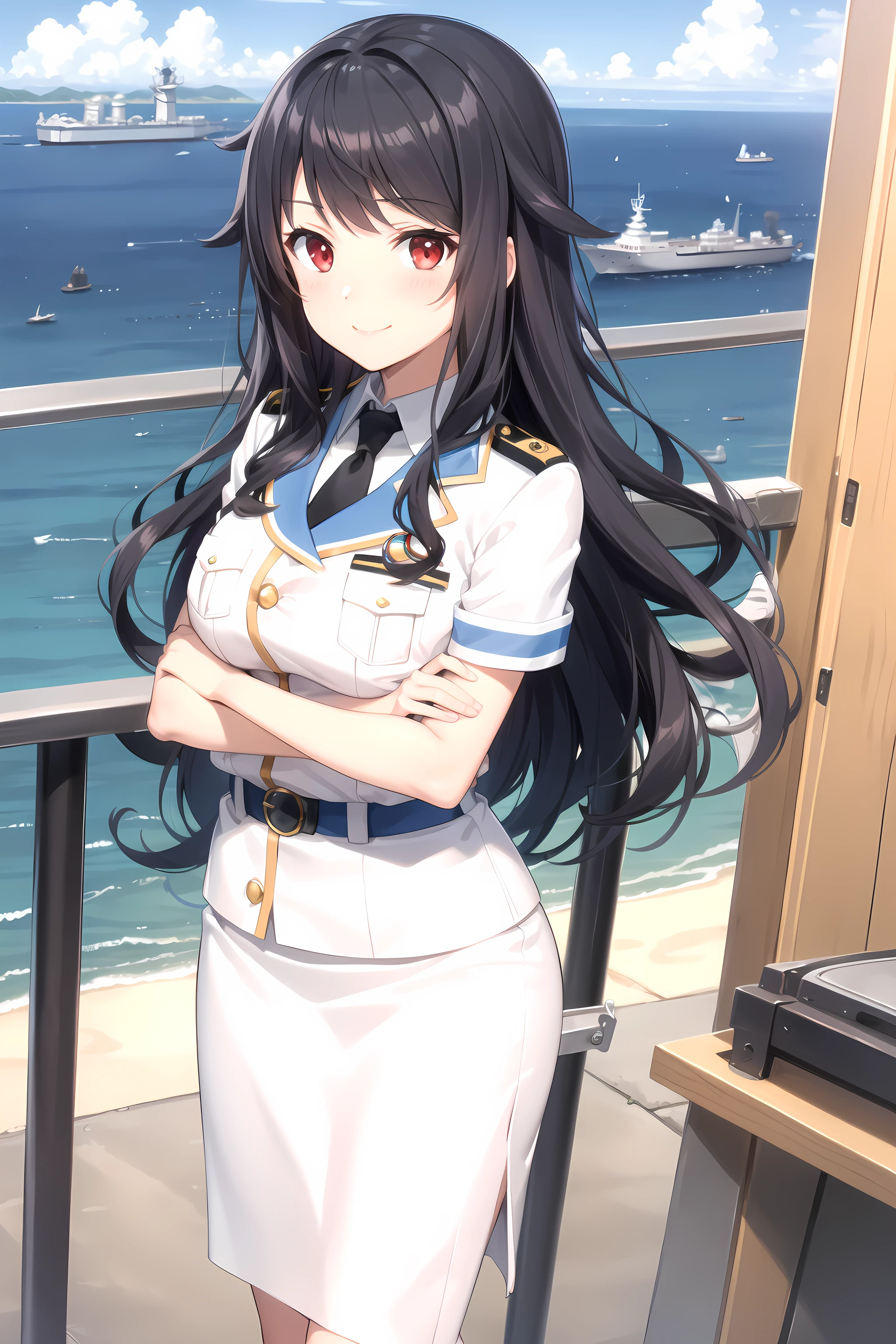 best quality, masterpiece, detailed,
<lora:HighSchoolFleet_MunetaniMashimo:0.8>, MunetaniMashimo,
1girl, closed mouth, light smile,
black hair, red eyes, long hair, wavy hair, hair flaps,
military uniform, white jacket, breast pocket, black necktie, belt, pencil skirt, short sleeves,
standing, looking at viewer,
outdoors, ocean, (ship, military vehicle:1.2)