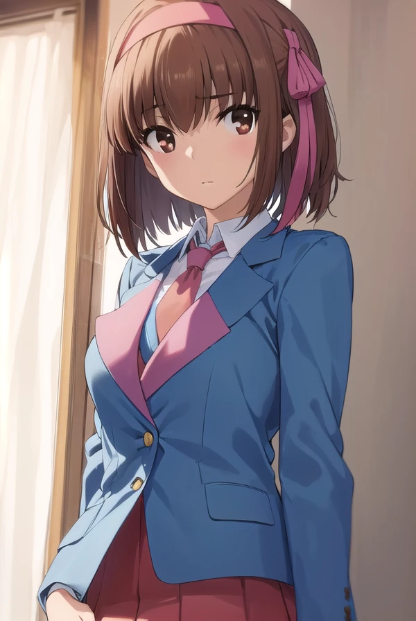 soratakanashi, <lora:sora takanashi s1-lora-nochekaiser:1>,
sora takanashi, short hair, brown hair, ribbon, (brown eyes:1.5), hair ribbon, ahoge, hairband, blue ribbon, blue hairband,
BREAK skirt, school uniform, jacket, necktie, blazer, (pink blazer:1.2), (red skirt:1.2),
BREAK indoors, classroom,
BREAK looking at viewer, (cowboy shot:1.5),
BREAK <lyco:GoodHands-beta2:1>, (masterpiece:1.2), best quality, high resolution, unity 8k wallpaper, (illustration:0.8), (beautiful detailed eyes:1.6), extremely detailed face, perfect lighting, extremely detailed CG, (perfect hands, perfect anatomy),