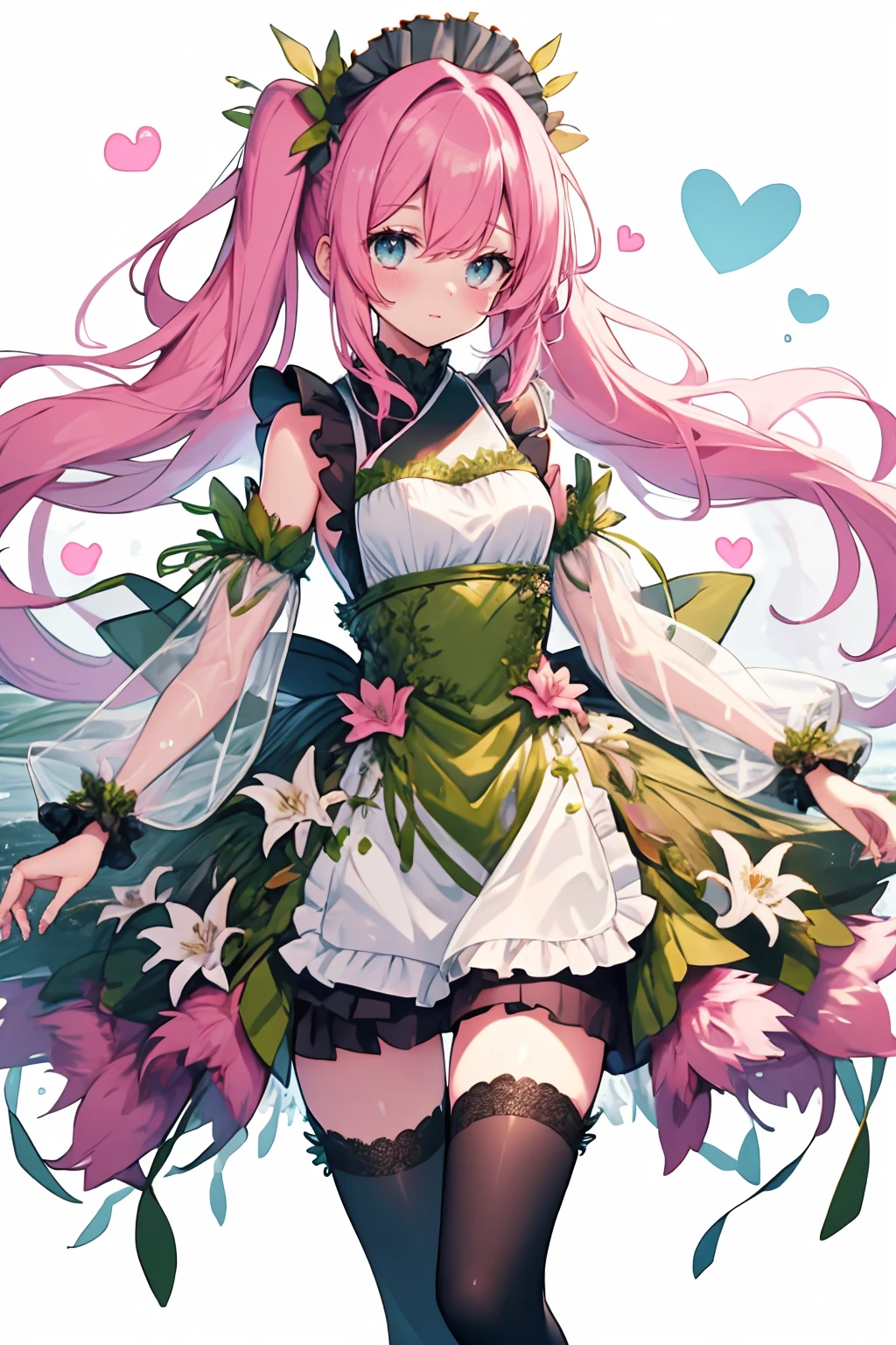 best quality, masterpiece, colorful, <lora:NSRusalka:1> NSRusalka, wearing NSRusalka, 1girl, apron, twin-tails, (heart), pink hair, pink thigh-highs