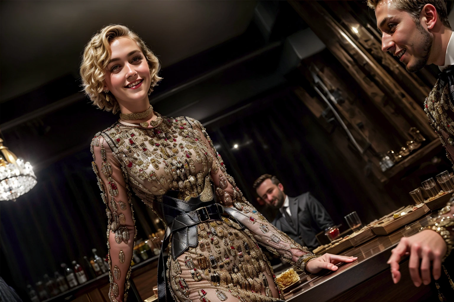 closeup, attractive shapely blonde wearing mcqm3shdr3ss dress , standing at hotel bar, surrounded by admiring men in suits, jewelry, short hair, (breasts:0.7), dark sky, streetlights, smile <lora:mcqm3shdr3ss-000008:1>