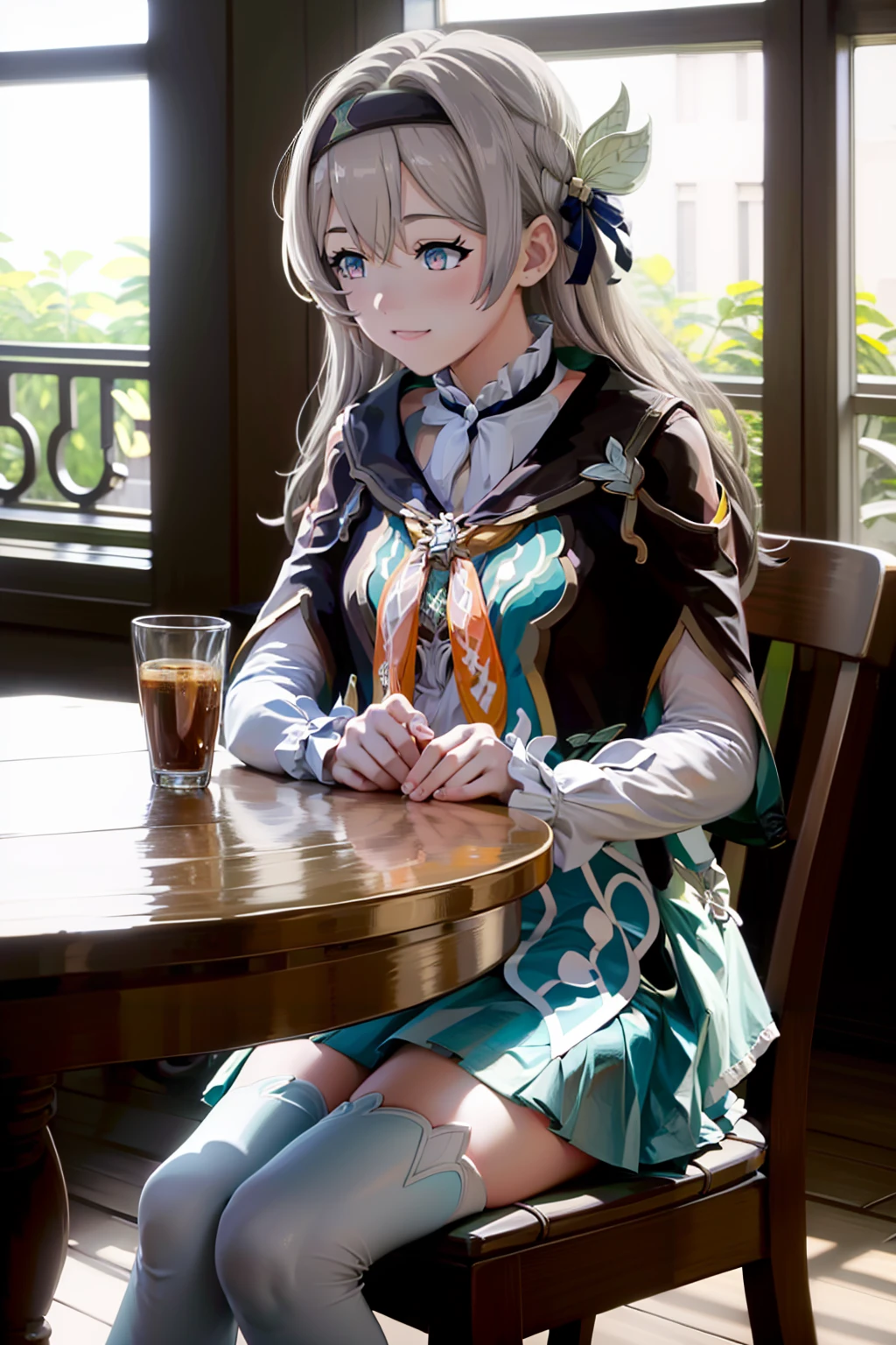 masterpiece, best quality, <lora:style25:1>,indoors,scenery, 
<lora:firefly-v2-kozue:1>,
1girl, solo,grey hair,  long hair,hair ornament,black hairband, blue eyes, long sleeves,green skirt,green thighhighs, 
 light smile,sitting, chair,table,cafe,plant,window,day,looking away, upper body, wide shot,