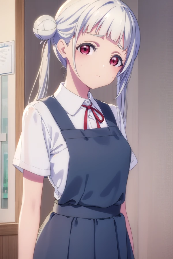 chisatoarashi, <lora:chisato arashi s2-lora-nochekaiser:1>,
chisato arashi, long hair, bangs, (red eyes:1.3), twintails, white hair, blunt bangs, hair bun, double bun,
BREAK shirt, dress, ribbon, school uniform, white shirt, short sleeves, collared shirt, red ribbon, neck ribbon, pinafore dress, grey dress, summer uniform, yuigaoka school uniform,
BREAK indoors, classroom,
BREAK looking at viewer, (cowboy shot:1.5),
BREAK <lyco:GoodHands-beta2:1>, (masterpiece:1.2), best quality, high resolution, unity 8k wallpaper, (illustration:0.8), (beautiful detailed eyes:1.6), extremely detailed face, perfect lighting, extremely detailed CG, (perfect hands, perfect anatomy),