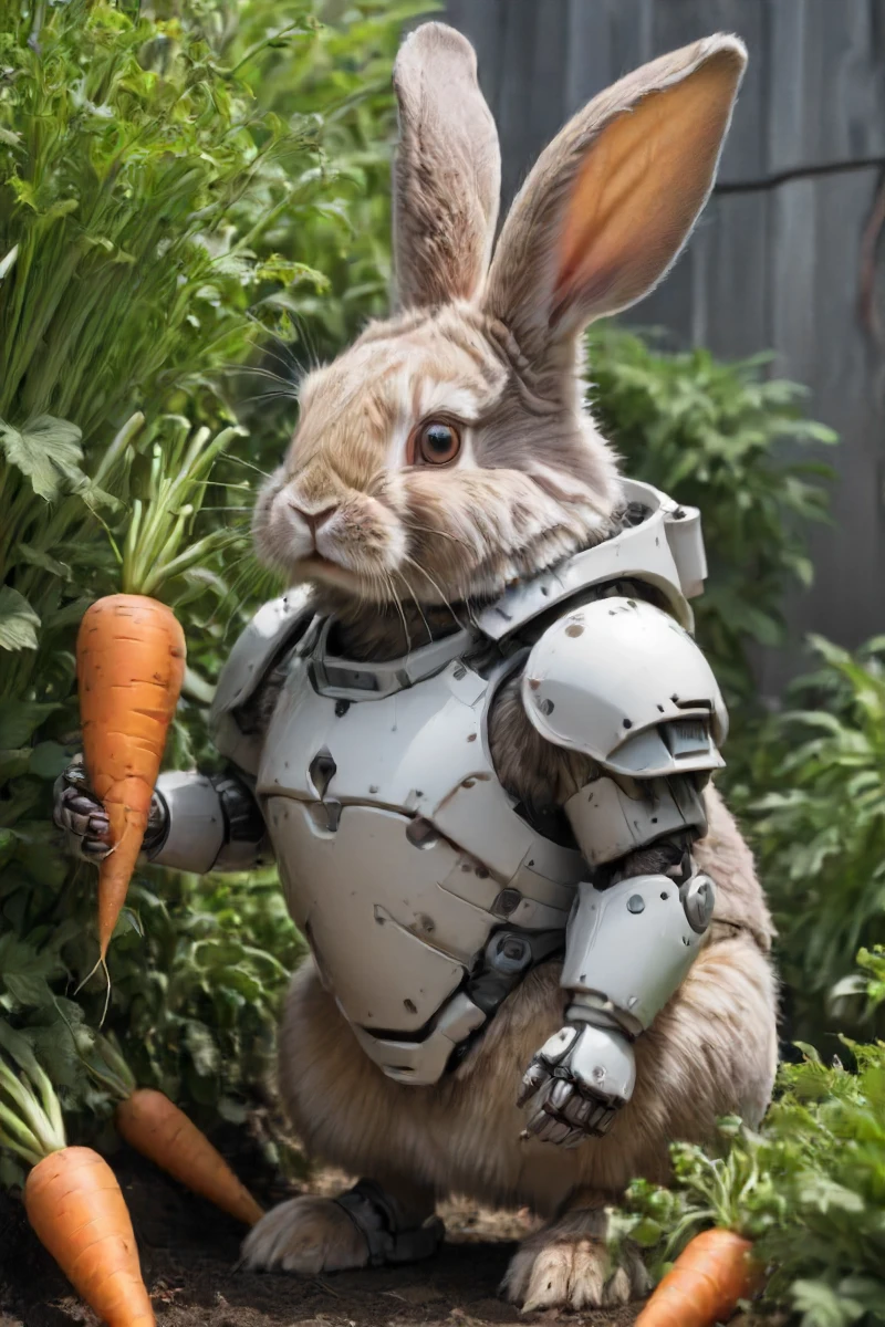 side view of a rabbit-robot wearing fluffy heavy (armored:1.2) (carrots:1.2), garden backdrop,, <lora:- SDXL - heavy_armored_V2.1:.8>