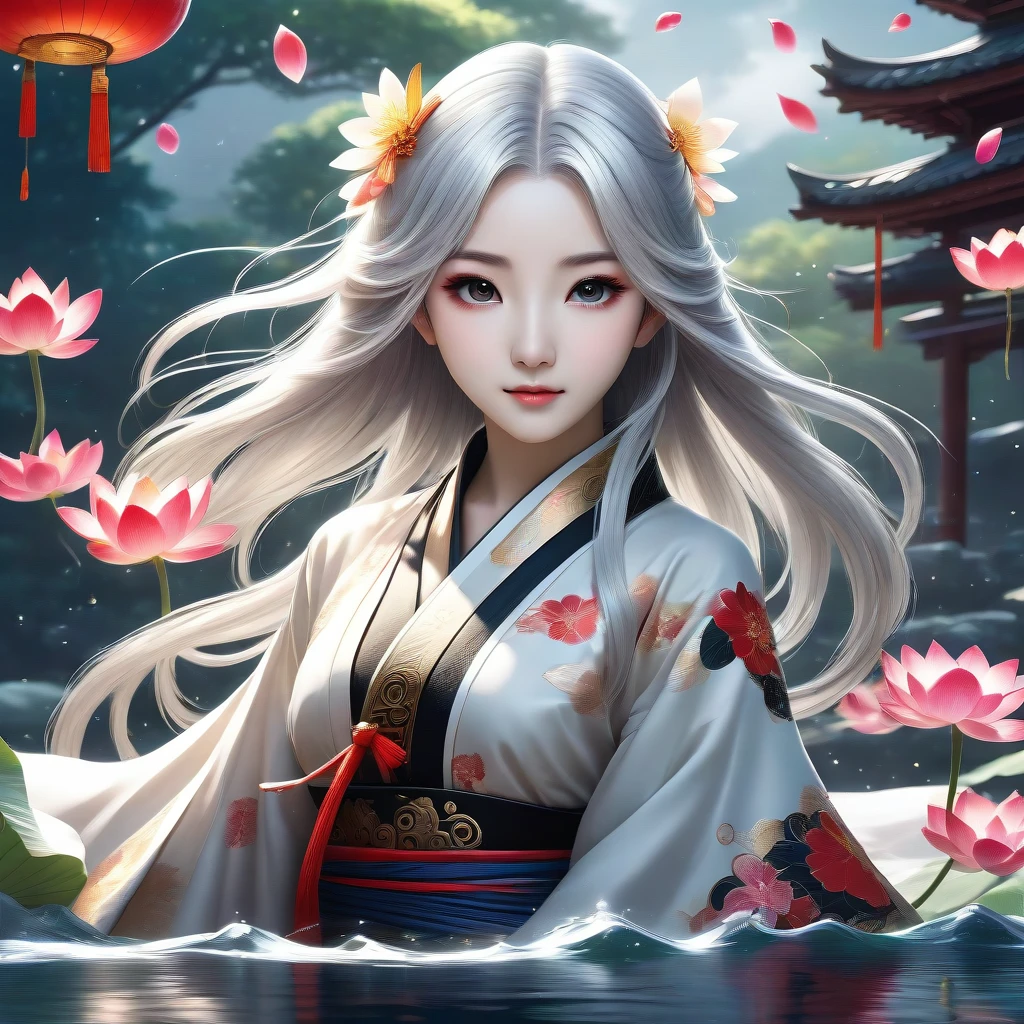 (masterpiece,best quality,extremely detailed CG unity 8k wallpaper,ultra-detailed),(best illumination,best shadow,an extremely delicate and beautiful),ink_wash_painting,night,(tai_chi:1.25),(yin_yang:0.85),ba gua,swirl,(the_bottom_of_the_bottlebackground:1.1),(1_girl:1.2),solo,The character is in the center of the frame,medium_full_shot,hanfu,taoist_robes,celestial_being_uniform,long_hair,(alternate hair color:1.3),white hair,black hair,a small red ornament,beautiful_detailed_eyes,indigo_eyes,(girl_surrounded_by_floating_water_flow:1.3),medium_breasts,wind,lotus,(cloudy:1.1),(stratocumulus_stratiformis:1.35),looking_at_viewers,cowboy shot