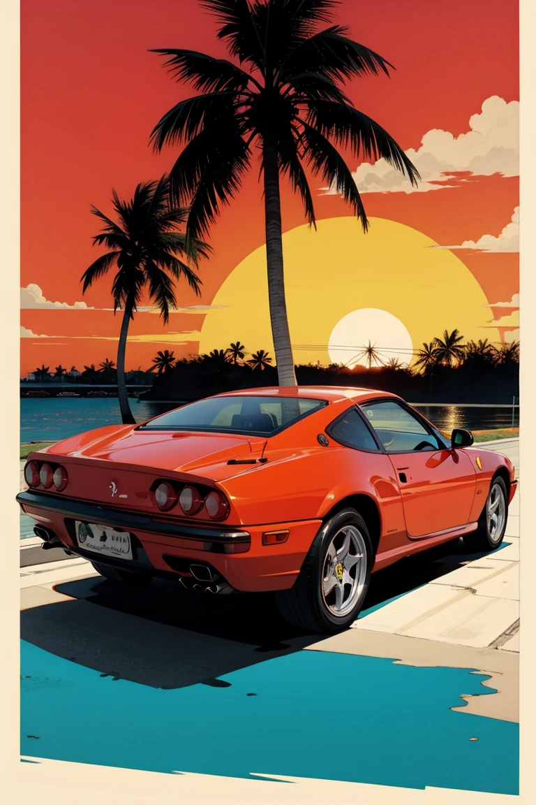 Miami, sunset, Ferrari, palm tree, 90's, (flat colors, flat texture, lineart:1.2), graphical design, (heavy ink, ink blacks),