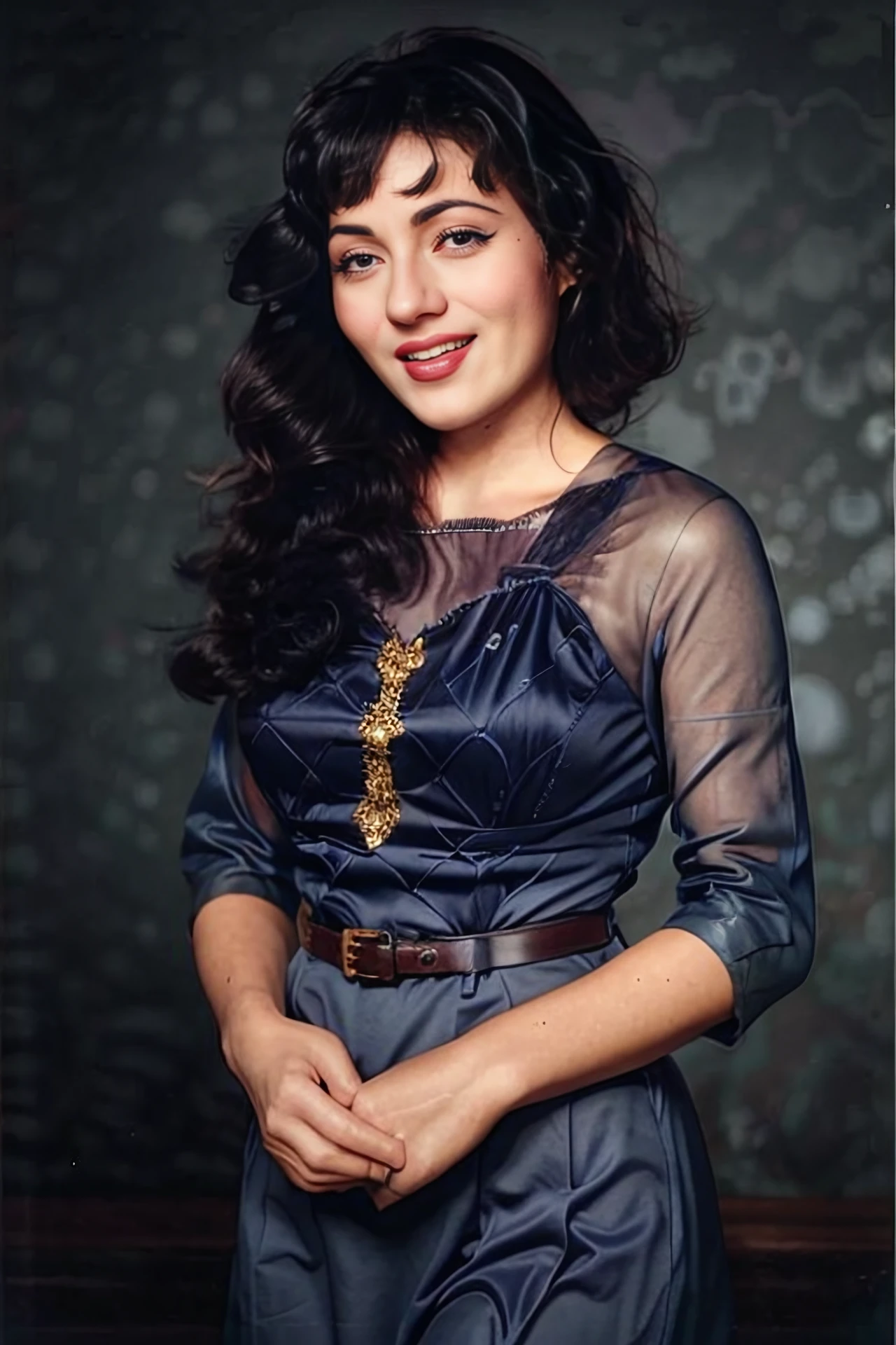 photo of mdbla woman, 50s analog look, wearing conservative elegant Navy Blue clothing,  dynamic pose, healthy skin, looking at camera, laughing, accurate anatomy, simple contrasting background, film grain  <lora:mdbla_Madhubala_SD15_LoRA_prodigy_local_regs-000003:1>