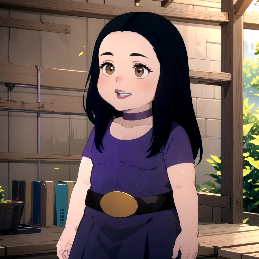solo, 1girl, child, belt, black hair, brown eyes, choker, debbie hyman, dress, long hair, makeup, purple dress, short sleeves, <lora:Debbie_Hyman_Leaf3:0.8>, cowboy shot,