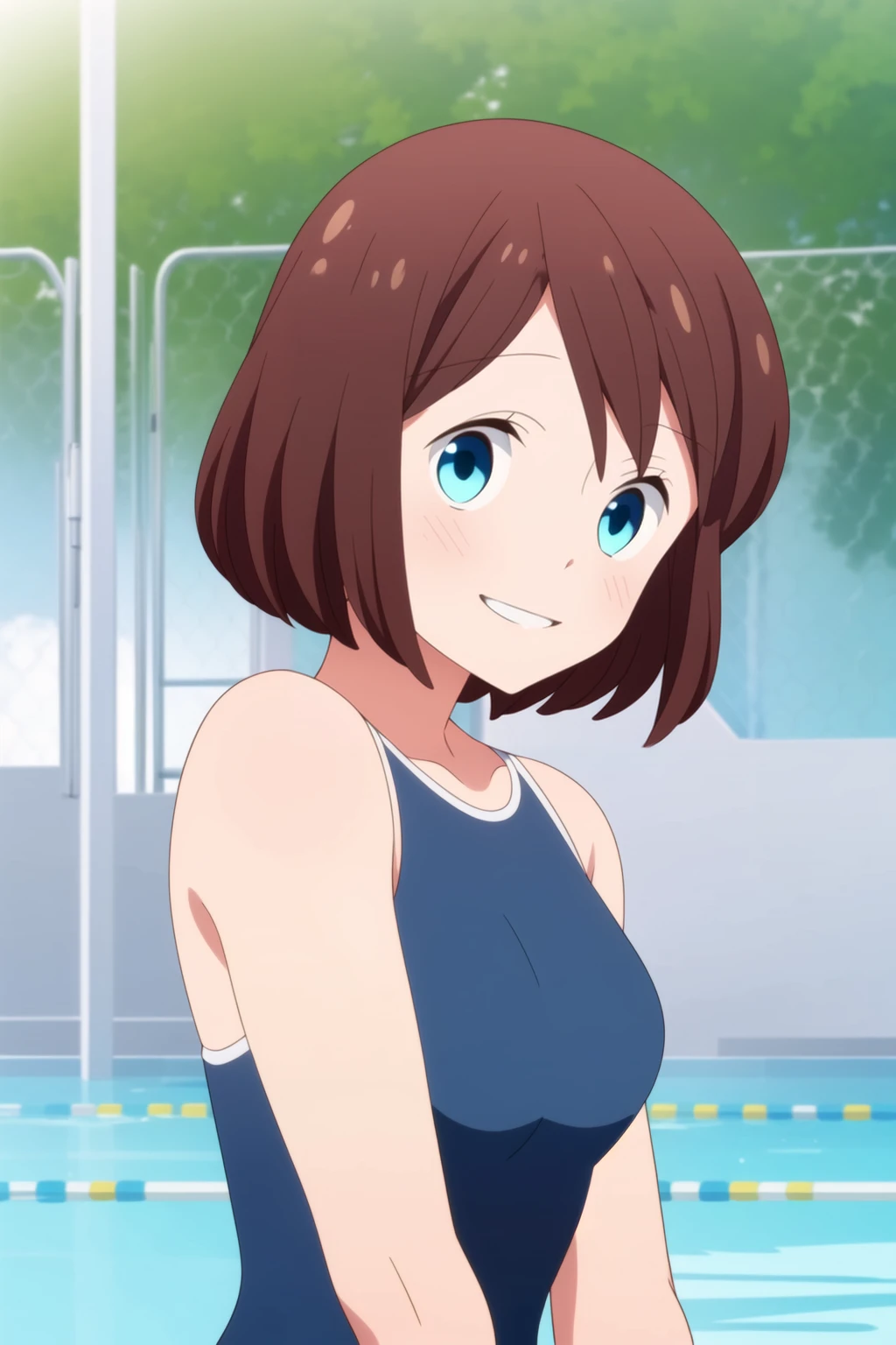 masterpiece, best quality, outdoors, school pool, 1girls, solo, standing, upper body, <lora:Saki_Kanda_NSL-V1:0.7>, 1girl, solo, short hair, bangs, brown hair, blue eyes, swimsuit, school swimsuit, blue one-piece swimsuit, medium breasts, looking at viewer, happy,