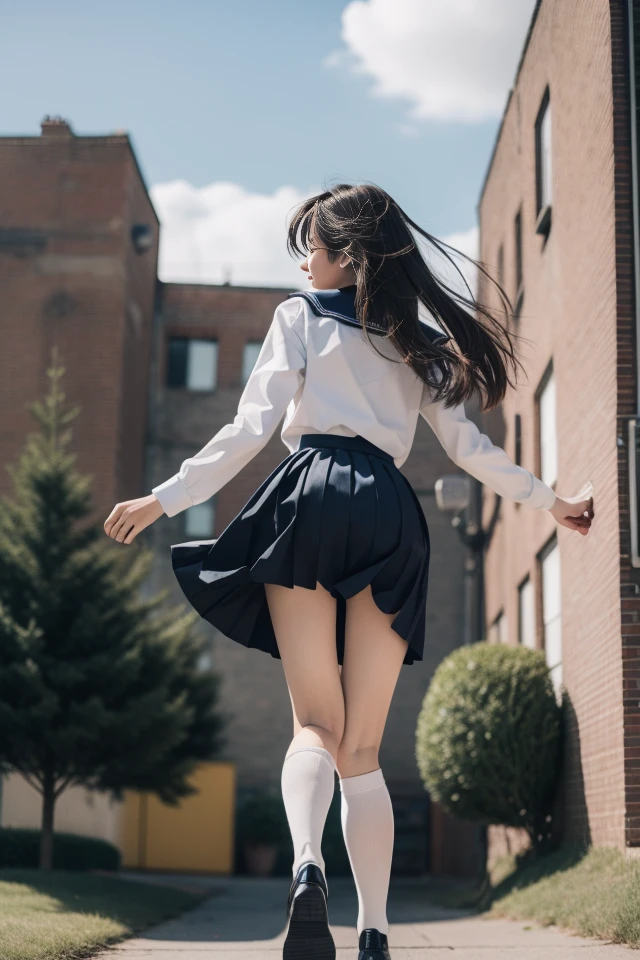 ltra-detailed,highly detailed,best quality,masterpiece,illustration,realistic,photorealistic,
1girl, solo, from behind, 
jump,jumping, school uniform,sailor dress,legs folded, 
<lora:jump_v1_02:0.7>