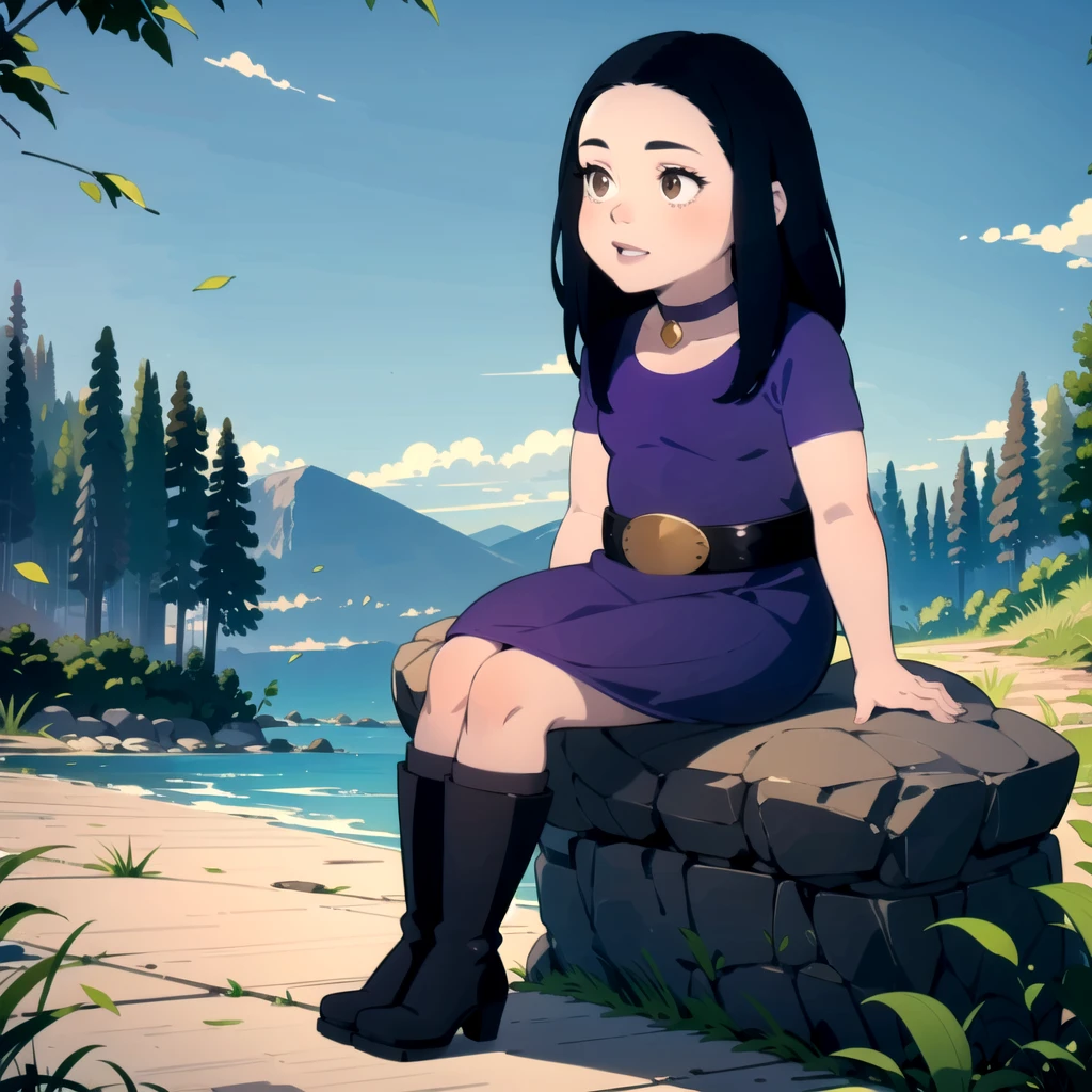 solo, 1girl, child,  belt, black hair, brown eyes, choker,  debbie hyman, dress, long hair, makeup, purple dress, short sleeves, black boots,    <lora:Debbie_Hyman_Leaf3:0.8>, sitting, sitting on rock,
