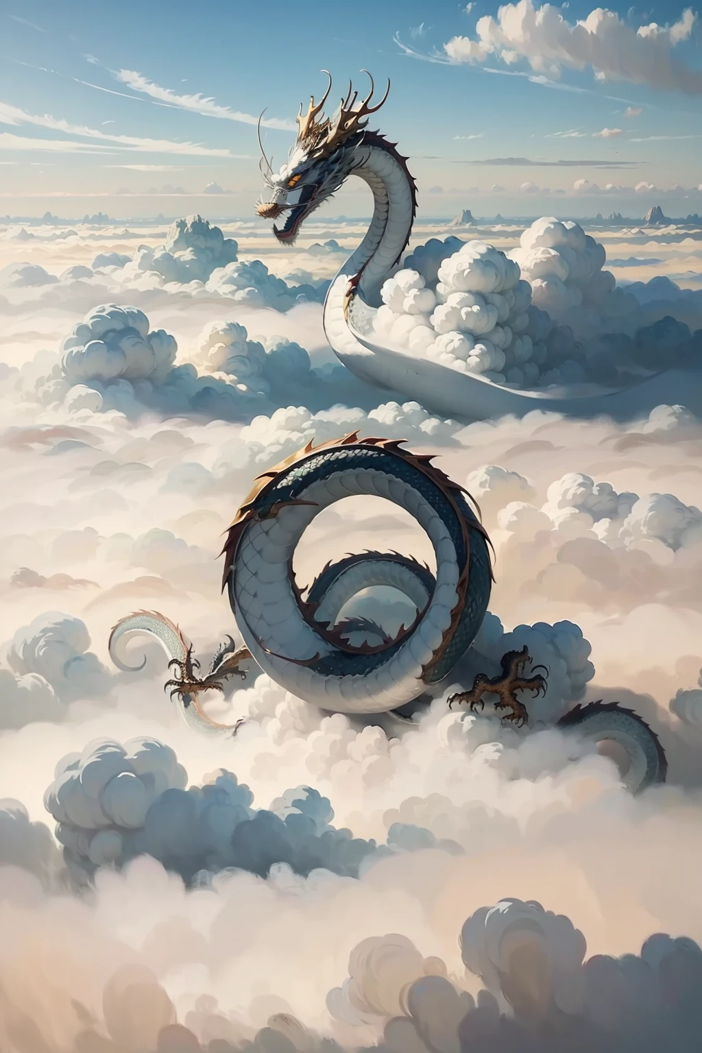 loong,cloudy sky,claws,eastern dragon,long tail,whiskers,chinese new year,cloud,no humans,gunzan,sky,cloud horizon,sun,outdoors,QINGLONG,SOLO,(Science fiction),((Soaring in the clouds and riding in the fog)),(((The dragon body disappears and appears in the clouds))),(full body:1.3),(ink wash painting:1.2),east asian architecture,<lora:0221 loong_v2:1>,ruanyi0221,(((floating in the clouds))),, ((masterpiece, high quality, best quality, 8k, wallpaper, detailed))