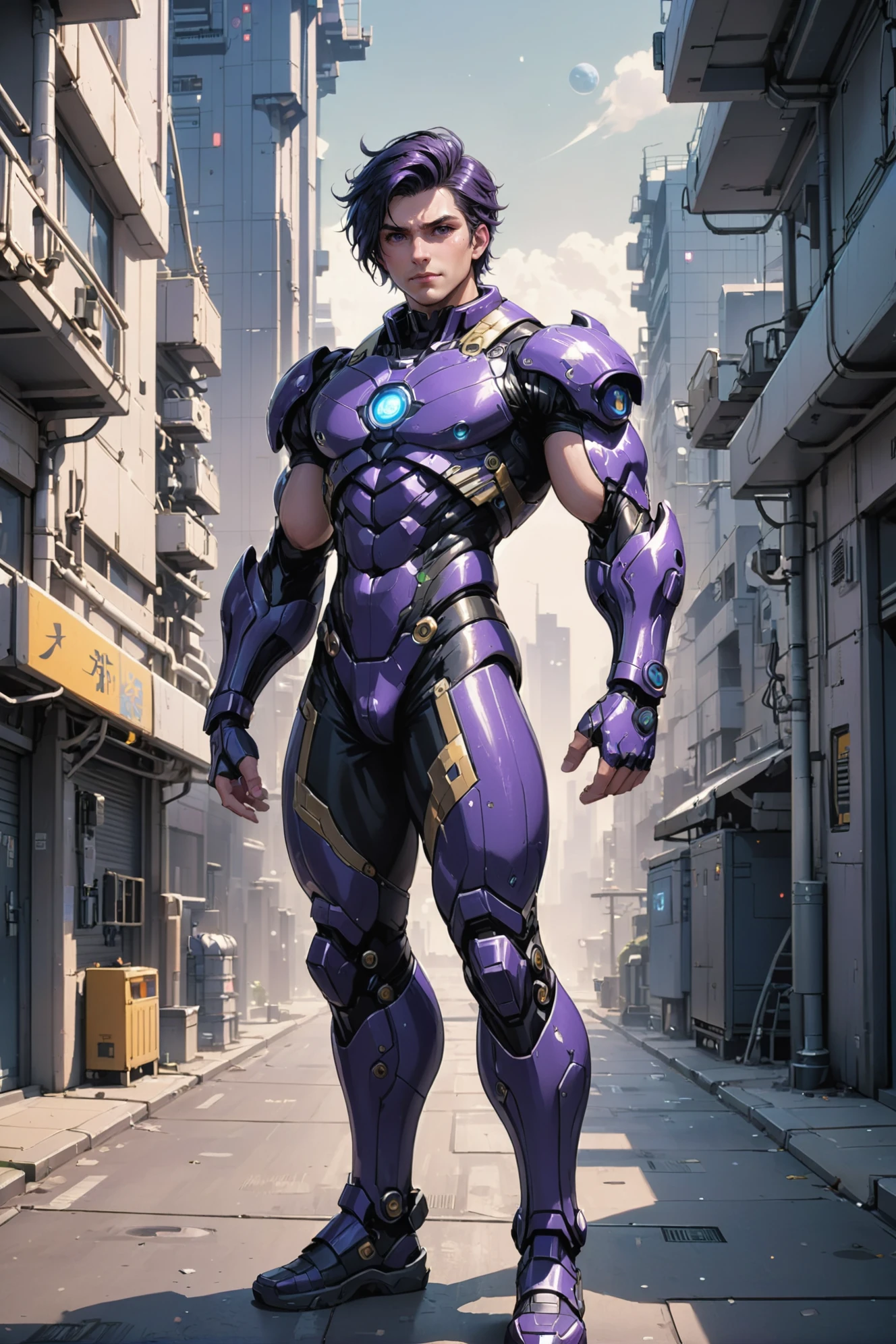 (full body:1.2), 1boy, man, bishounen, solo, [:outlandish costume design,:0.2] artificer, caucasian, muted darkviolet hair, (muscular:1) build, space force base in a great,cheerful scifi city outside of reality, masterpiece, by Jakub Cervenka<lora:EnvyBetterHiresFixXL01:0:hr=1>