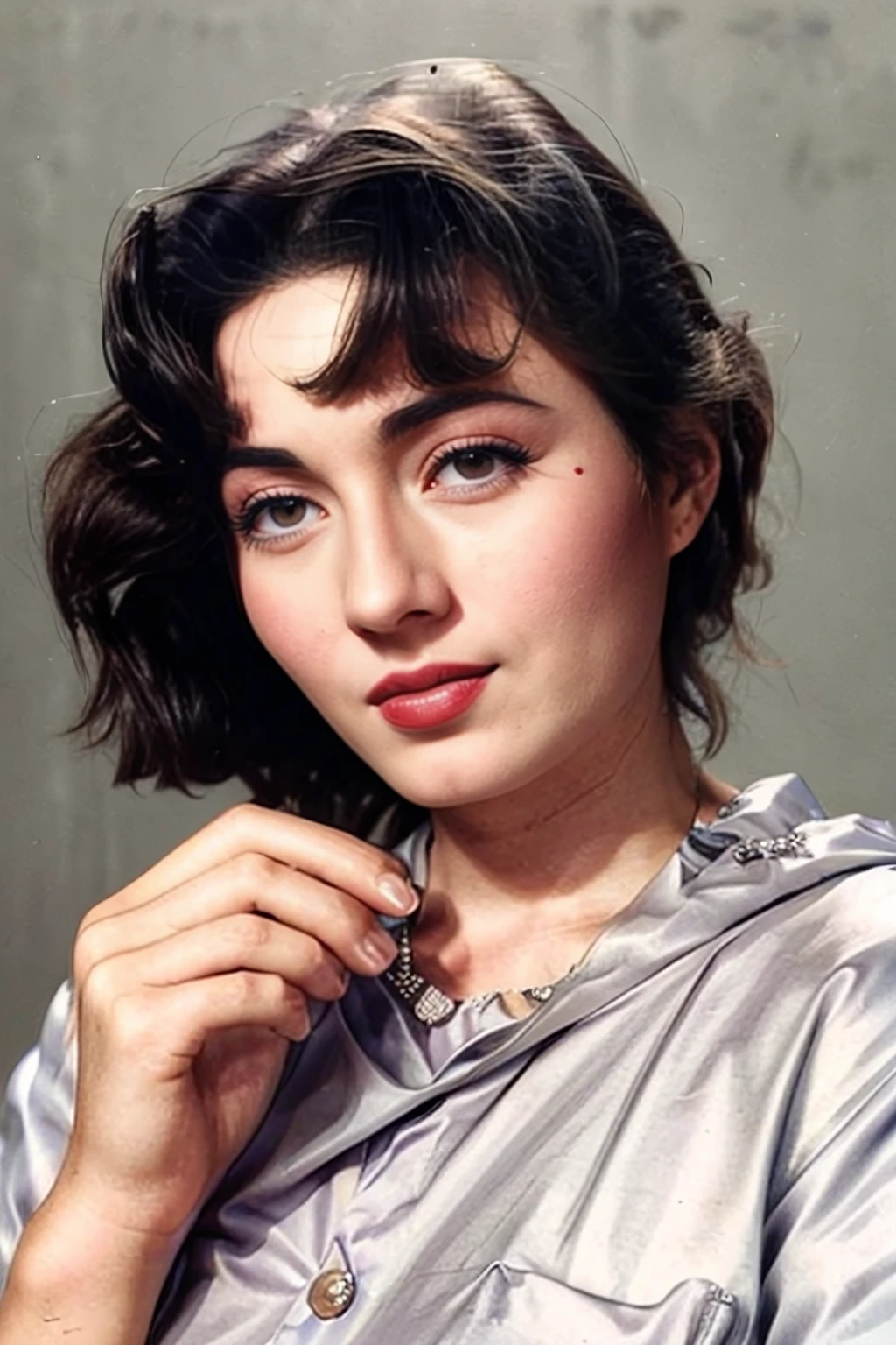 photo of mdbla woman, 50s analog look, wearing conservative elegant Silver clothing, dynamic pose, healthy skin, perfect face looking at camera, naughty expression, accurate anatomy, perfect hands and fingers, simple contrasting background, film grain <lora:mdbla_Madhubala_SD15_LoRA_prodigy_local_regs-000003:1>
