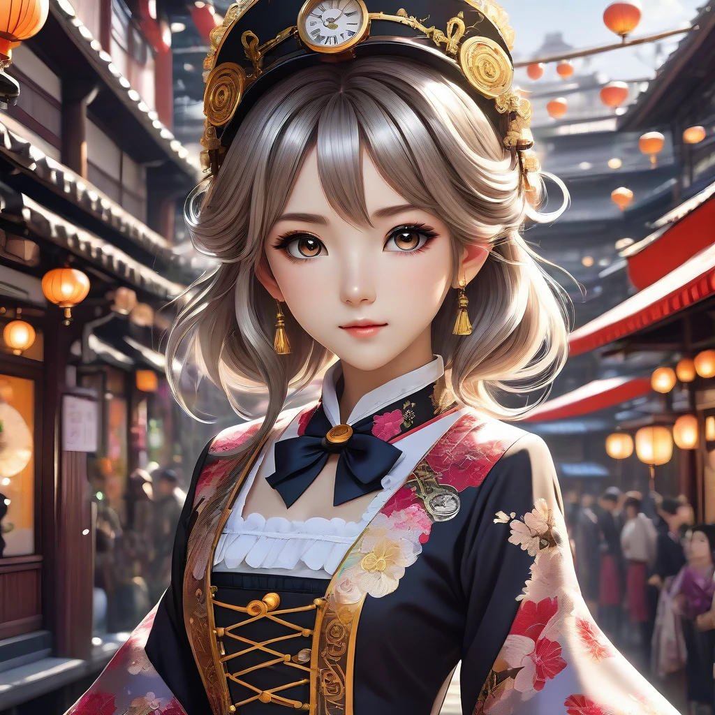 (extremely detailed CG unity 8k wallpaper),(masterpiece), (best quality), (ultra-detailed), (best illustration),(best shadow), (an extremely delicate and beautiful), dynamic angle, floating, finely detail, (bloom), (shine), glinting stars, classic, (painting), (sketch), Taisho steampunk, (steampunk:1.2)
(1girl:1.7), (2020s), (cute face:1.3), anime face, ((solo)), beautiful detailed face, shiny hair, colorful clothes, (kimono), (Japanese maid), maid dress, maid headdress, hair flower, hair ornament, (Frill), Brass Pocket Watch, extremely delicate and beautiful girls, beautiful detailed eyes, cowboy shot,
steam train, building architecture, (Japanese style architecture), (street:1.2)