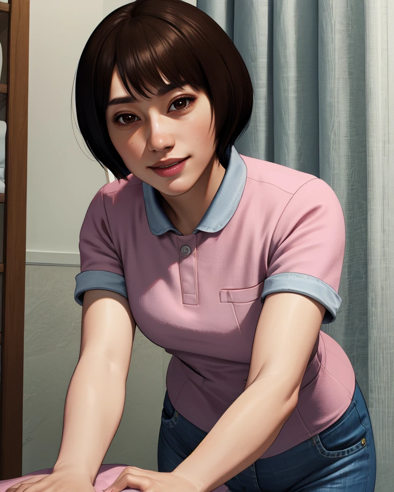 makoto,brown hair,short hair,brown eyes,
standing,upper body,leaning forward,
pink shirt,jeans,light smile,short sleeves,
massage room,white walls,curtains,
(insanely detailed, , masterpiece, best quality),<lora:MakotoMakimura-11YKv9:0.8>,