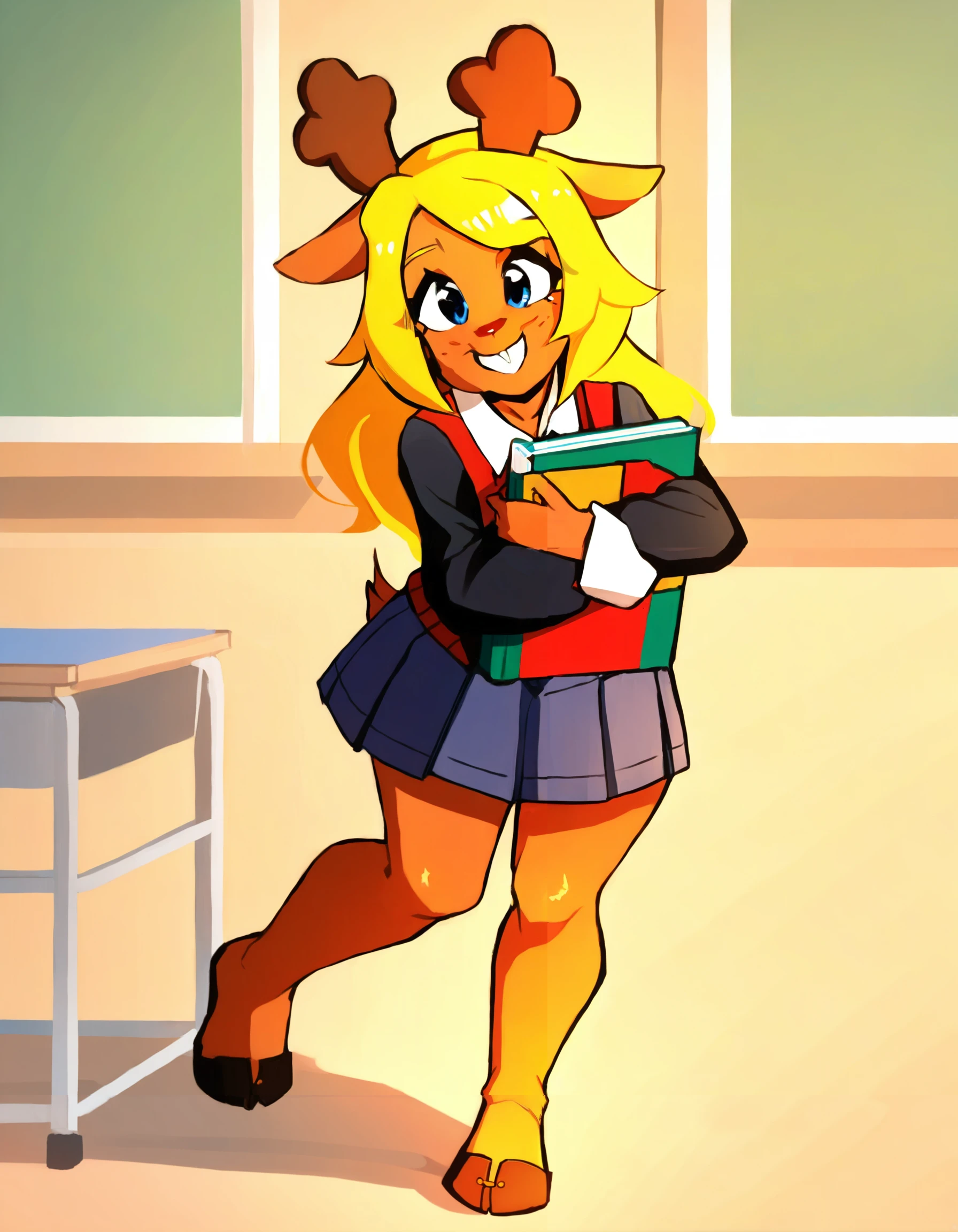 lightnoelle, smile, full body, holding books, masterpiece best quality,school desk