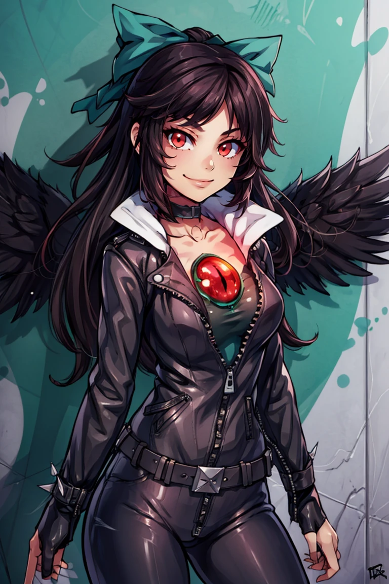 leather jacket, leather pants, black jacket, tight pants, black choker, zipper, fingerless gloves, biker clothes, spikes, unzipped, multiple belts, shiny clothes, high collar,  (graffiti:1.2), brick wall, ((masterpiece,best quality)), absurdres, <lora:Reiuji_Utsuho_Touhou:0.8>, Reiuji_Utsuho_Touhou,  1girl, reiuji utsuho, solo, green bow, long hair, third eye, red eyes, black wings, bird wings, solo, smiling, looking at viewer, cowboy shot,