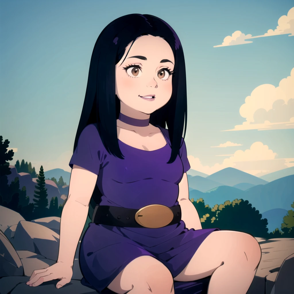 solo, 1girl, belt, black hair, brown eyes, choker, debbie hyman, dress, long hair, makeup, purple dress, short sleeves, <lora:Debbie_Hyman_Leaf3-v3:0.8>, sitting, sitting on rock,