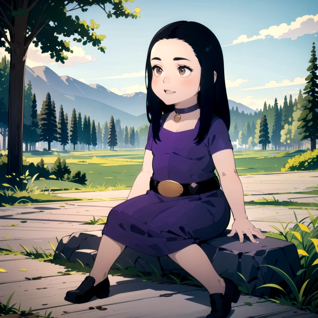 solo, 1girl, belt, black hair, brown eyes, choker, debbie hyman, dress, long hair, makeup, purple dress, short sleeves, child, <lora:Debbie_Hyman_Leaf3:0.8>, sitting, sitting on rock,