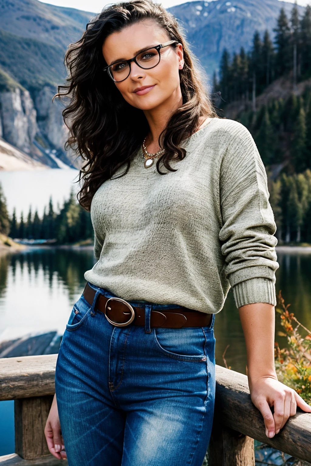 a RAW photo, portrait of rileyquinn, wearing sweater, jeans, belt, lake at background, cinematic shot, volumetric lighting, detailed eyes and face, magnificent, epic, sharp focus, dlsr, rim lights, blurry background, best quality, highly detailed, masterpiece, 8k, <lora:add_detail:1>, <lora:RileyQuinn:1>,
