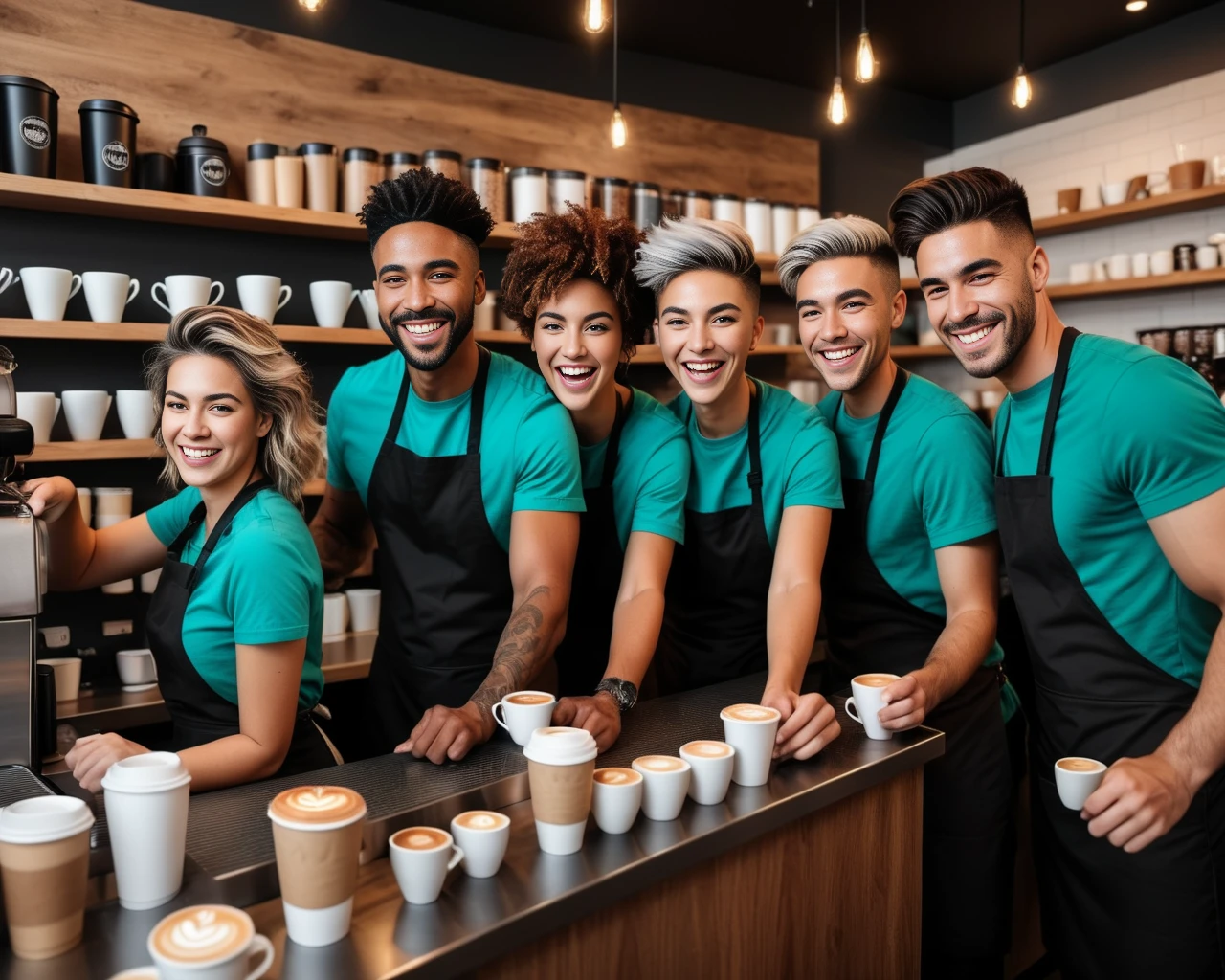 line of people serving coffee behind a counter, (different faces, different hair styles and colors, different body types, different skin color), high quality, ultra-detailed, dramatic angle, big sly smile, perfect hands,