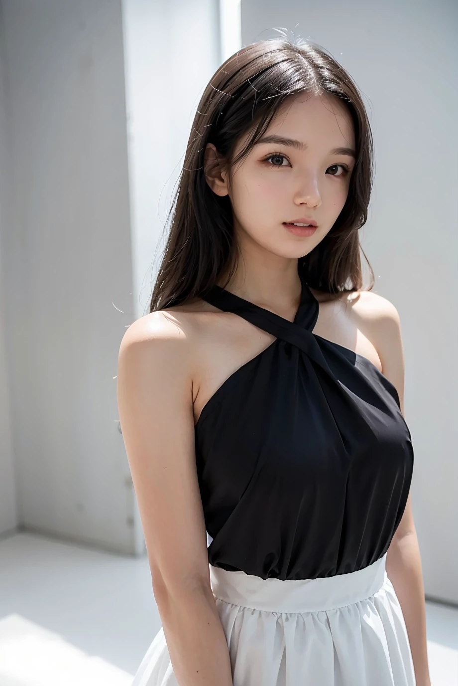 1girl, black  formal dress, white background,    <lora:shaesummerV1-02:1>