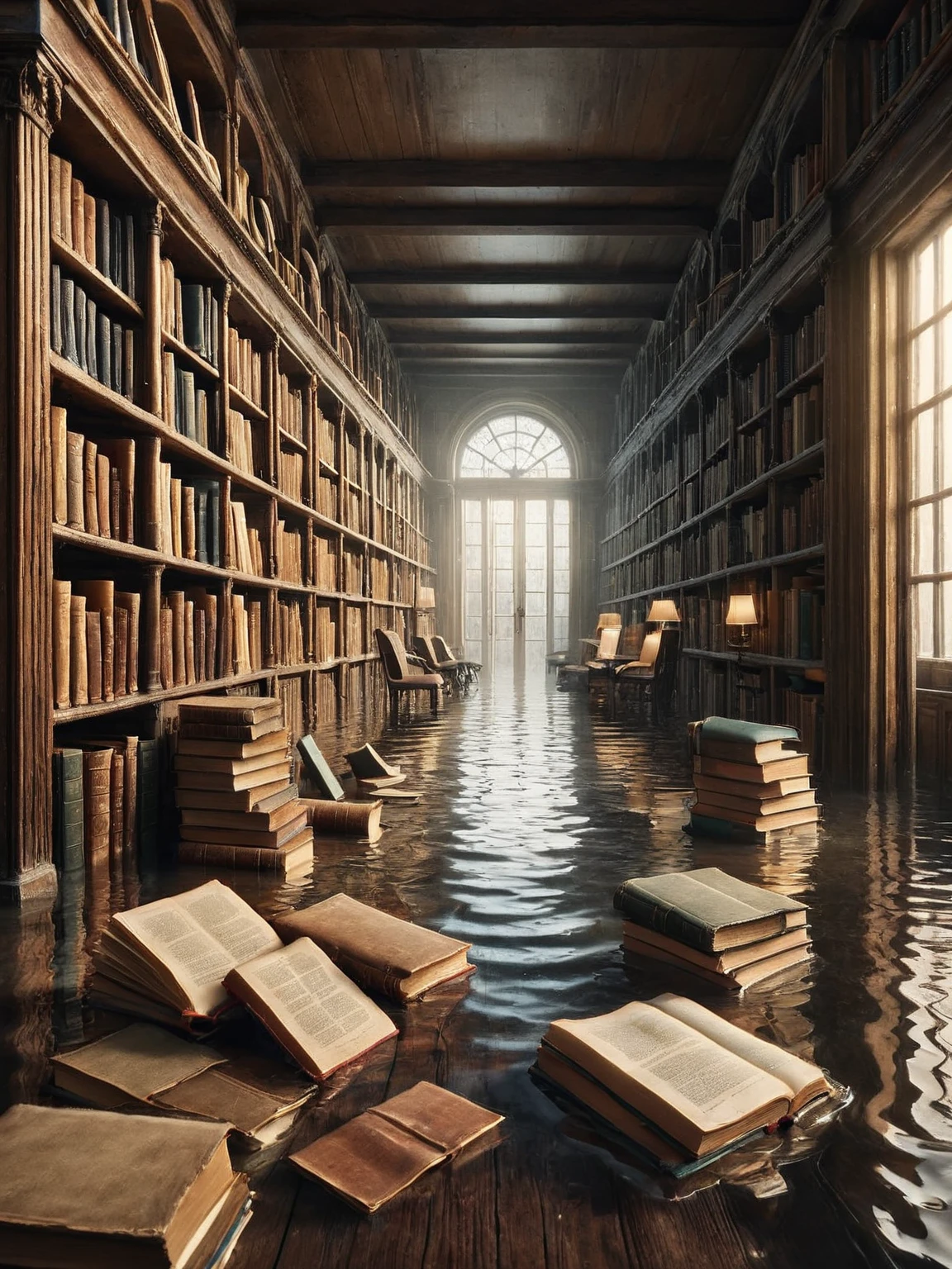 ais-fld an old library with books piled high <lora:Flooded_SDXL:1>