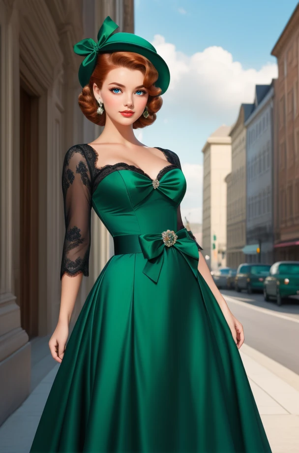 outdoors, sidewalk, portrait photo, woman, green satin dress, fitted bodice, flowing A-line skirt, floor-length, chest bow, sweetheart neckline, lace trim, three-quarter length sleeves, sash, felt tilt hat, green ribbon, vintage brooch, ginger-haired model with blue eyes, curvy, cowboy shot, atmospheric, evoking the 1940s, gr33n_gl4m, <lora:gr33n_gl4m-12:0.6>