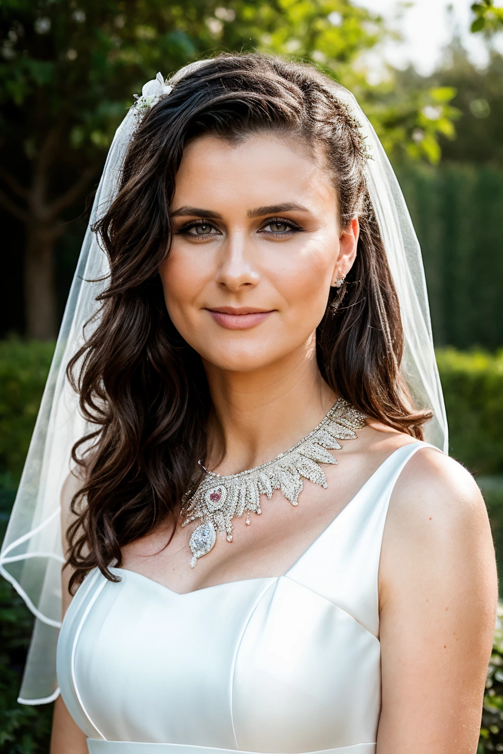a RAW photo, portrait of rileyquinn, wearing wedding dress, garden, cinematic shot, volumetric lighting, detailed eyes and face, magnificent, epic, sharp focus, dlsr, rim lights, blurry background, best quality, highly detailed, masterpiece, 8k, <lora:add_detail:1>, <lora:RileyQuinn:1>,