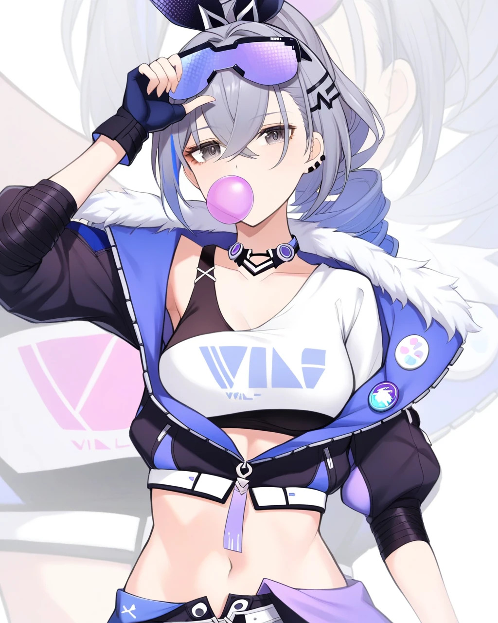 masterpiece,best quality,<lora:star_rail_all:1>,1girl, solo, upper body, arm up, grey hair, medium breasts, sunglasses, choker, black gloves, black jacket, black tank top, bubble blowing, commentary request, crop top, eyewear on head, fingerless gloves, fur-trimmed jacket, hair between eyes, hair ribbon, highres, honkai: star rail, honkai \(series\), long sleeves, midriff, open jacket, partial commentary, silver wolf \(honkai: star rail\), single-shoulder shirt, single bare shoulder, stomach, white background, white shirt, zoom layer