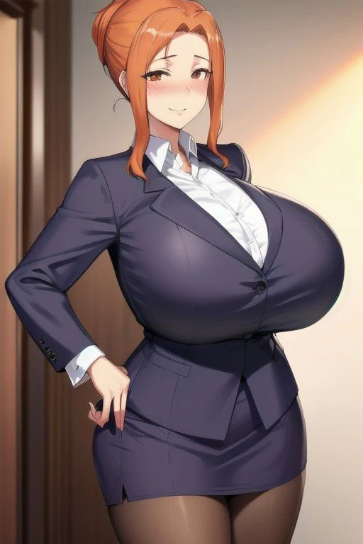 HDR,UHD,8K, best quality, masterpiece, Highly detailed, extreme detail description, 1girl, solo,
Tachibana Kyouka, orange hair, sidelocks, brown eyes, gigantic breasts, mature female, pale skin,
business suit, black jacket, white shirt, long sleeves, formal suit, office lady, skirt, tights,
hand on hip, smile, indoor