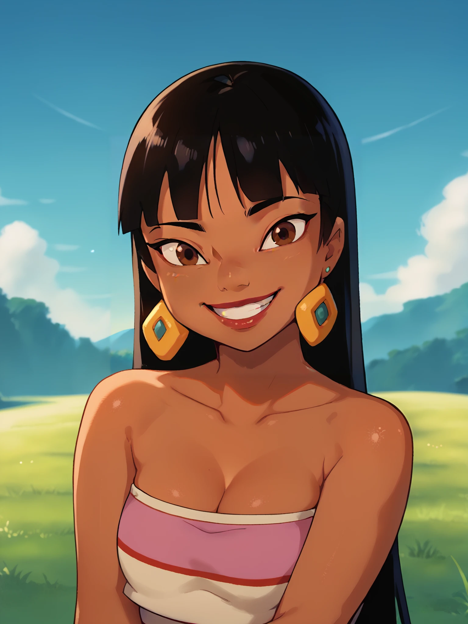 score_9, score_8_up, score_7_up, score_6_up, score_5_up, score_4_up, BREAK, source_cartoon, source_anime, 1girl, chel, black hair, long hair, blunt bangs, brown eyes, dark skin, lipstick, tube top, cleavage, bare shoulders, earrings, upper body, sadistic smile, looking at viewer, solo, blue sky, grass, meadow background   <lora:ChelXL:1>