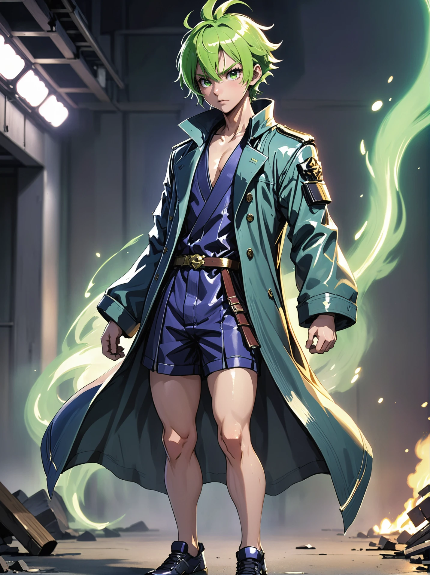 anime style, (full body:1.2), 1boy, man, solo, [:creative costume design,:0.2] warlord, blueviolet trenchcoat, chinese, glowing greenyellow hair, (athletic:1.3) build, Permanently Shadowed Regions<lora:EnvyLineArtSliderXL01:-2><lora:EnvyBetterHiresFixXL01:0@0,0@.49,1@.5:hr=1>